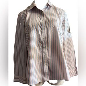 Lands End Women’s No Iron Pinpoint Oxford sz 14 Blue Orange White Stripe EUC